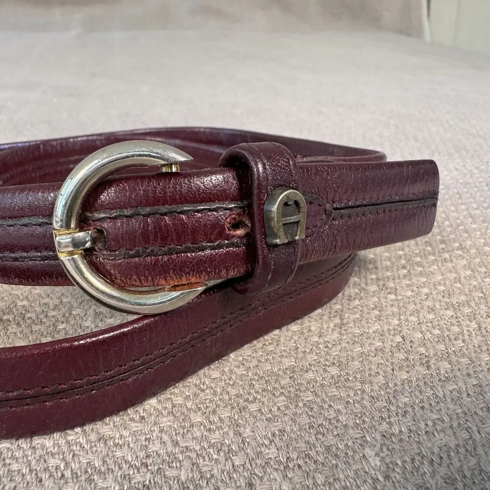 Vintage Etienne Aigner Leather Belt 1037 Brass Buckle 28 Skinny Equestrian 524